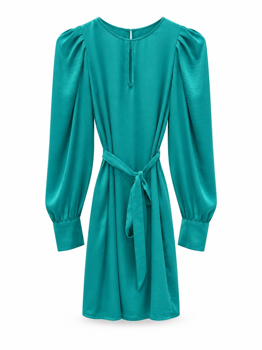 BCBGMaxAzria Teal Long-Sleeve keyhole and Tie-Waist Dress
